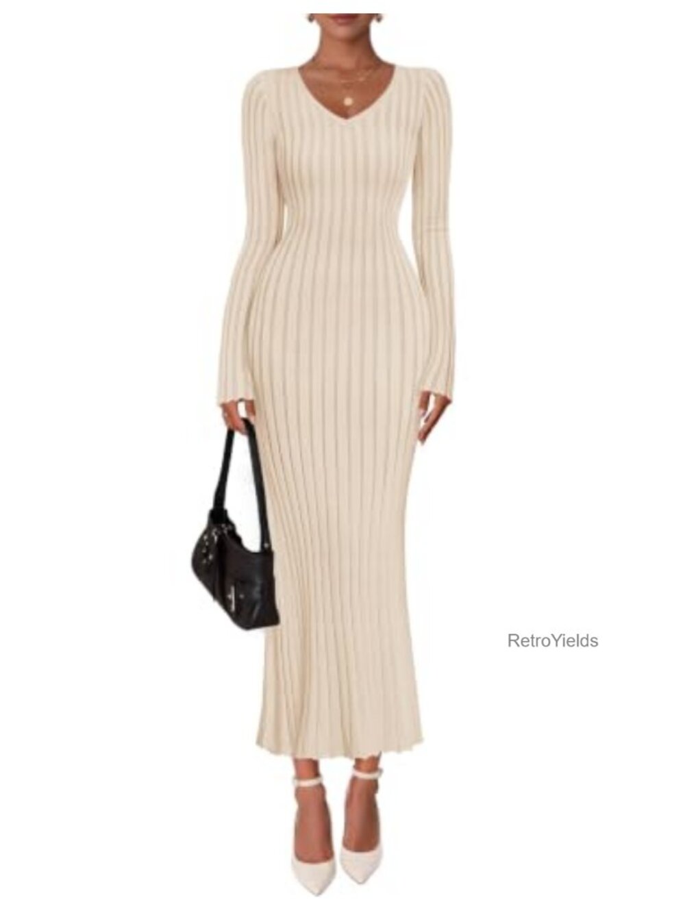 Ribbed Knit V Neck Long Sleeve Bodycon Maxi Sweater Dress